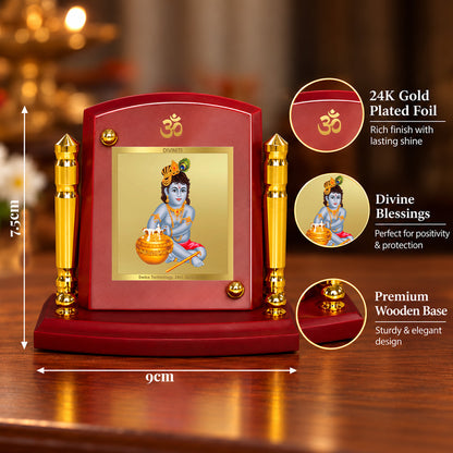 24K Gold-Plated Bal Gopal MDF Car Dashboard Frame | 7.5x9 CM