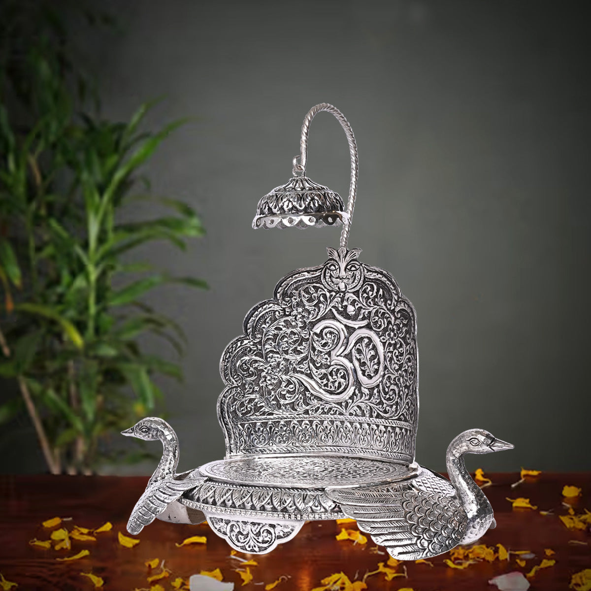 Pure Silver Singhasan Mandir Vintage Om & Swan Design Divine Pooja Stand Handcrafted Temple Art (36x10x27 cm,656g)