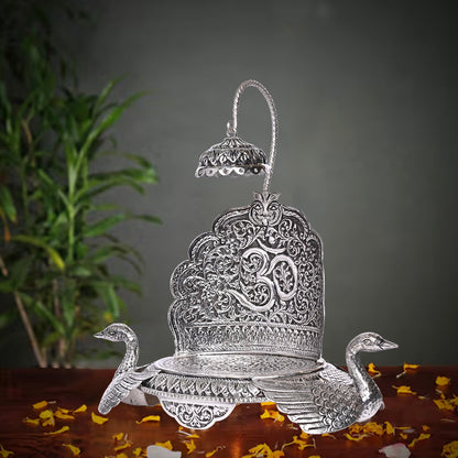 Pure Silver Singhasan Mandir Vintage Om & Swan Design Divine Pooja Stand Handcrafted Temple Art (36x10x27 cm,656g)