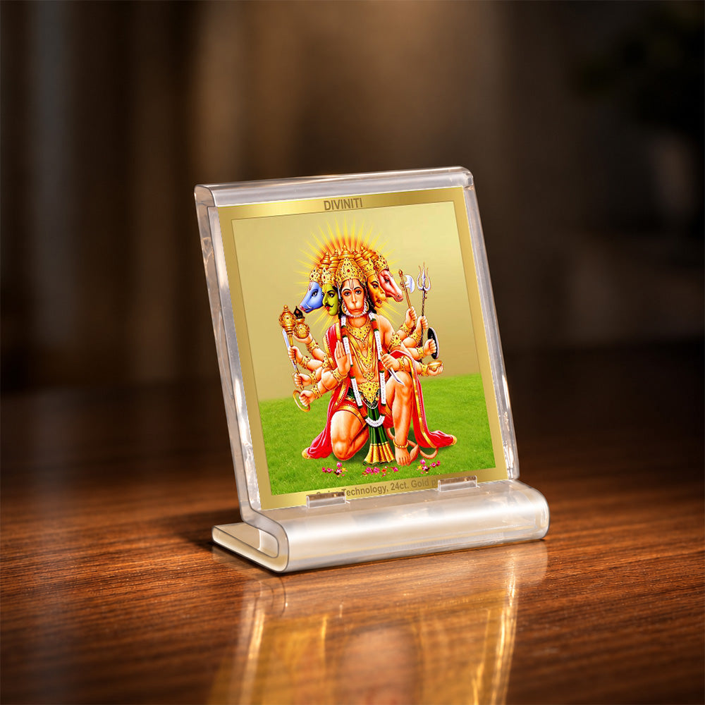24K Gold-Plated Panchmukhi Hanuman Acrylic Car Dashboard Frame | 6x5 CM