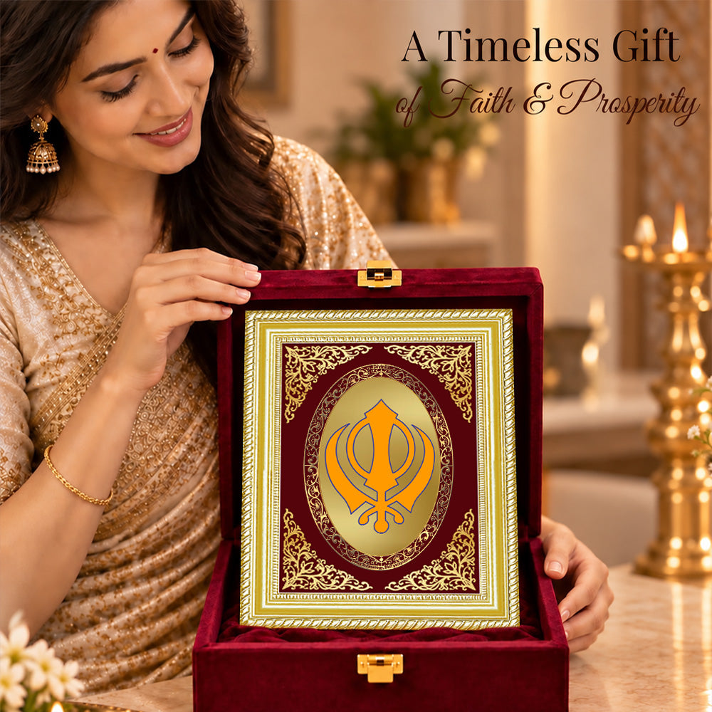 24K Gold-Plated Khanda Sahib BG Frame | Premium Gift Box | 26x20 CM