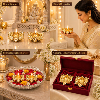 999 Gold-Plated Lotus Diya Pair | Premium Gift Box | 8x8 CM