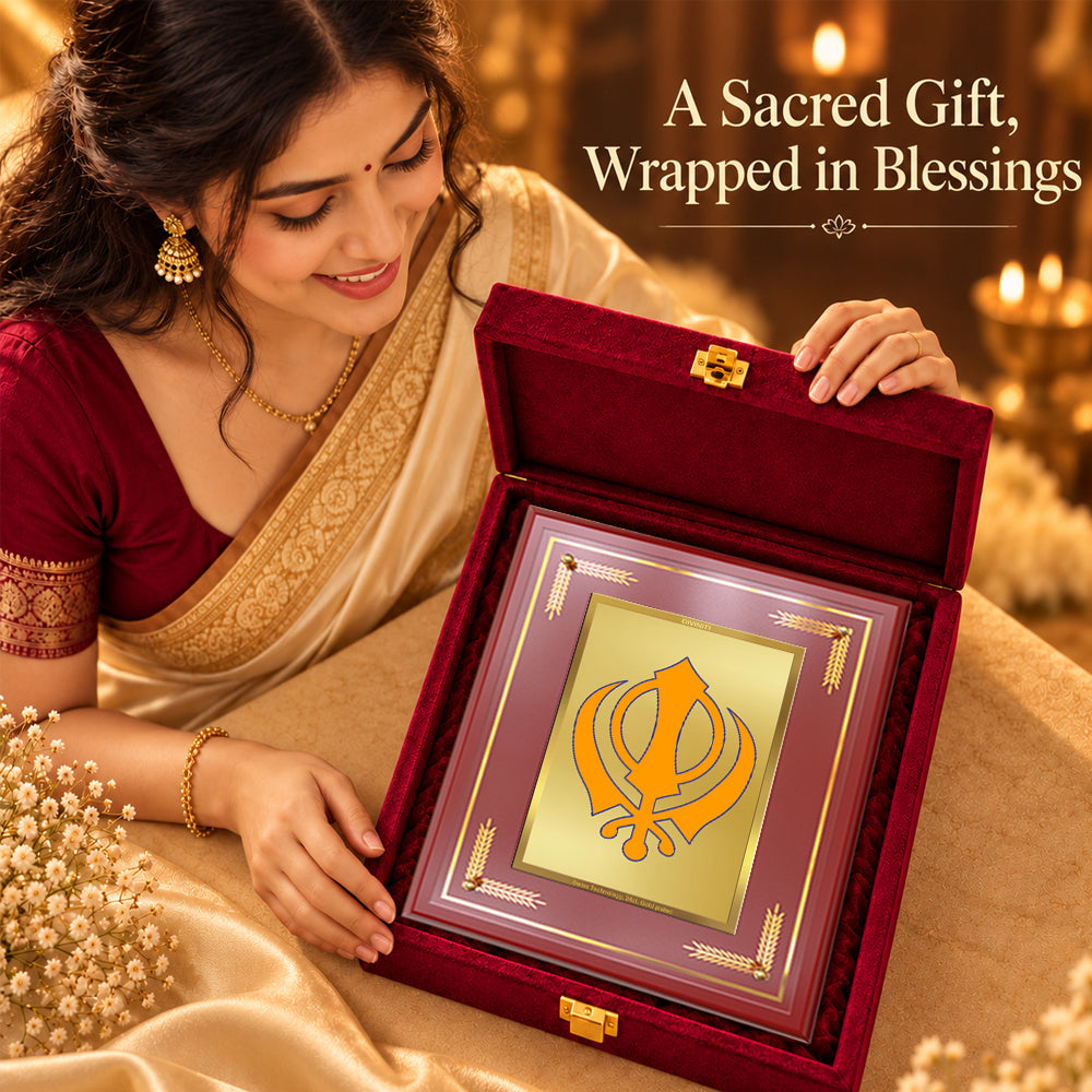 24K Gold-Plated Khanda Sahib MDF Frame | Premium Gift Box | 27x35 CM