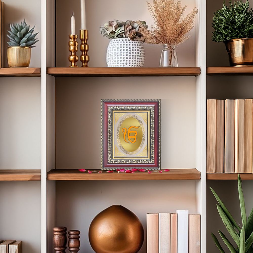 Ik Onkar Sacred Sikh Symbol Divine Waheguru Faith Royal Tabletop Frame in 24K Gold Plated Foil