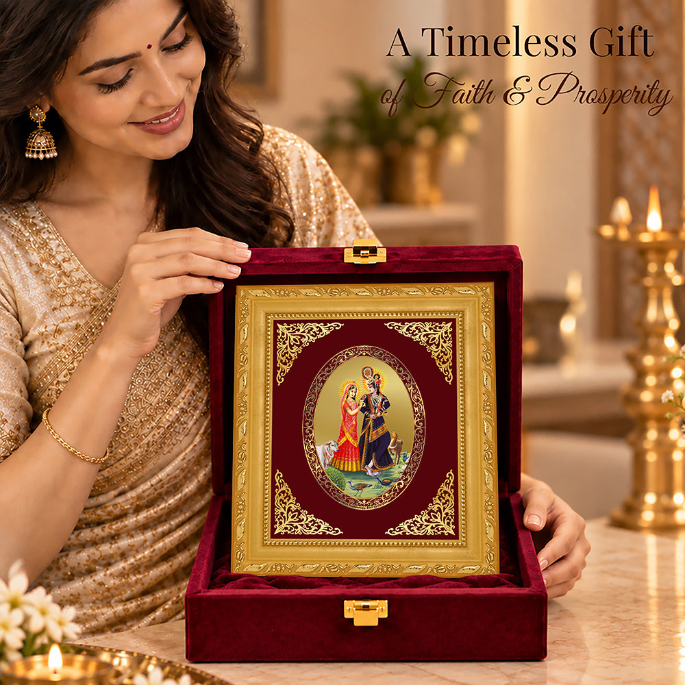 24K Gold-Plated Radha Krishna with Cow Frame | Premium Gift Box | 16x13.5 CM