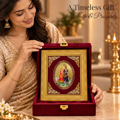 24K Gold-Plated Radha Krishna with Cow Frame | Premium Gift Box | 16x13.5 CM