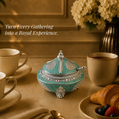 Diviniti Premium Silver-Plated Decorative Sugar Pot | Turquoise Enamel Lidded Bowl for Festive Serving & Home Décor