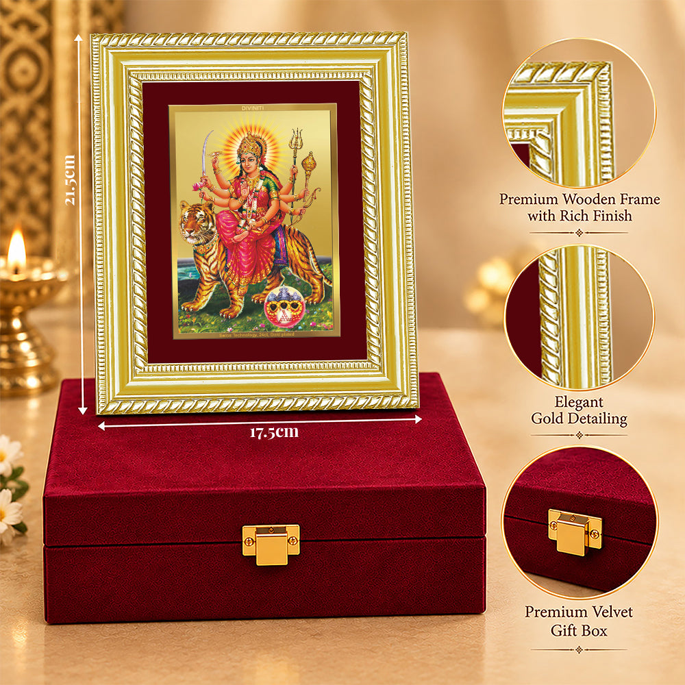 24K Gold-Plated Sherawali Mata with Pindi Frame | Premium Gift Box | 21.5x17.5 CM