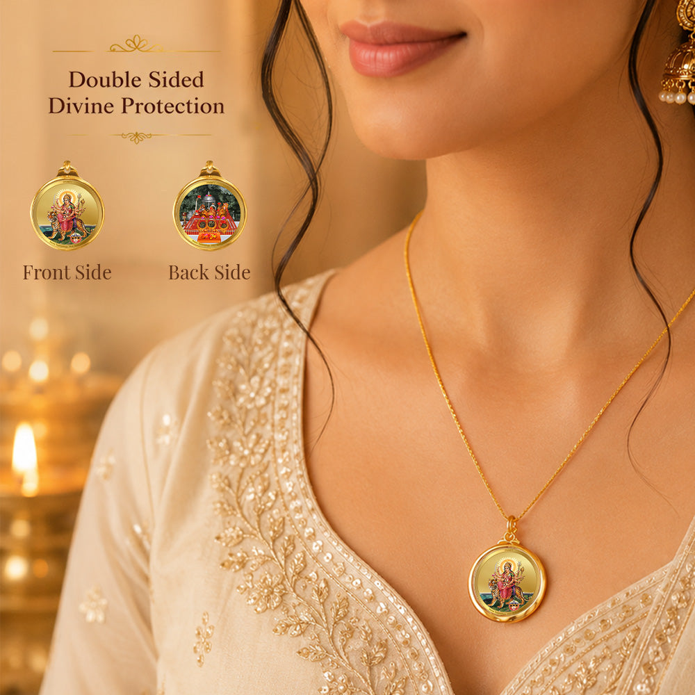 Diviniti 24K Gold Plated Goddess Durga & Mata Ka Darbar 28MM Double Sided Pendant For Men, Women & Kids