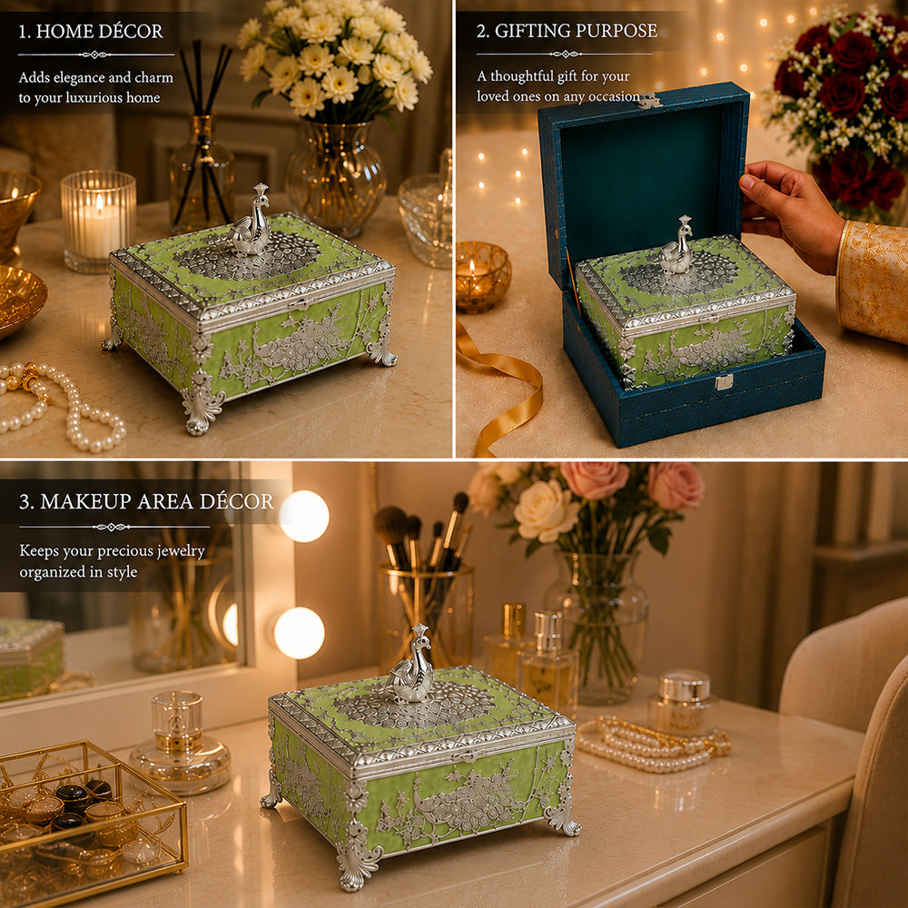 Diviniti Premium German Silver 2-Part Box | Green Enamel Dry Fruit & Sweet Box for Wedding & Festive Gifting