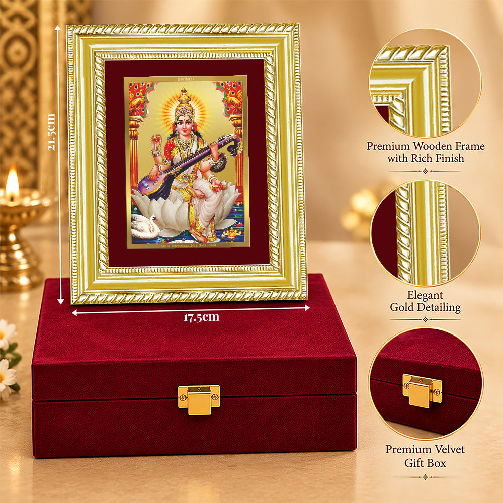 24K Gold-Plated Goddess Saraswati Frame | Premium Gift Box | 21.5x17.5 CM