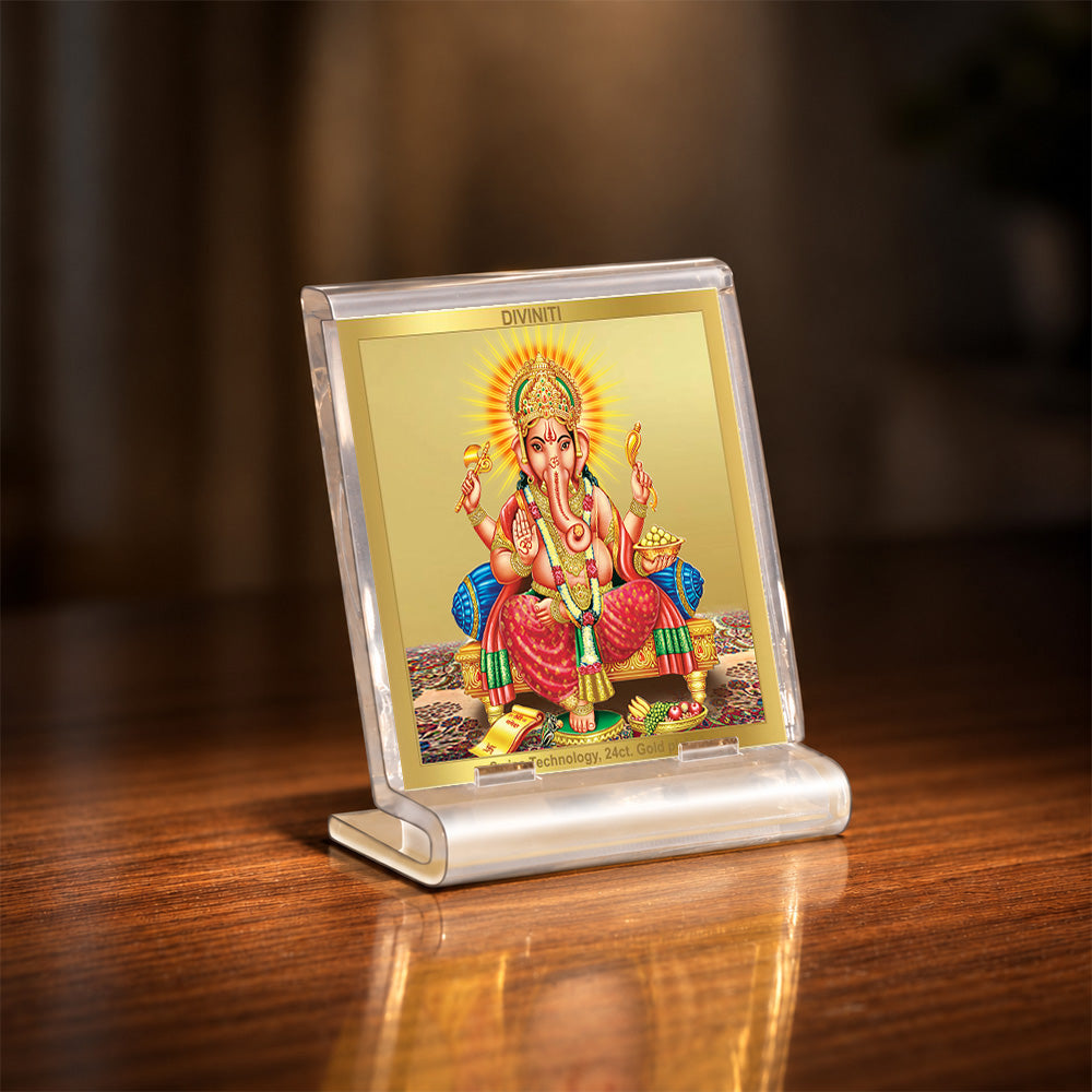 24K Gold-Plated Lord Ganesha Acrylic Car Dashboard Frame | 6x5 CM