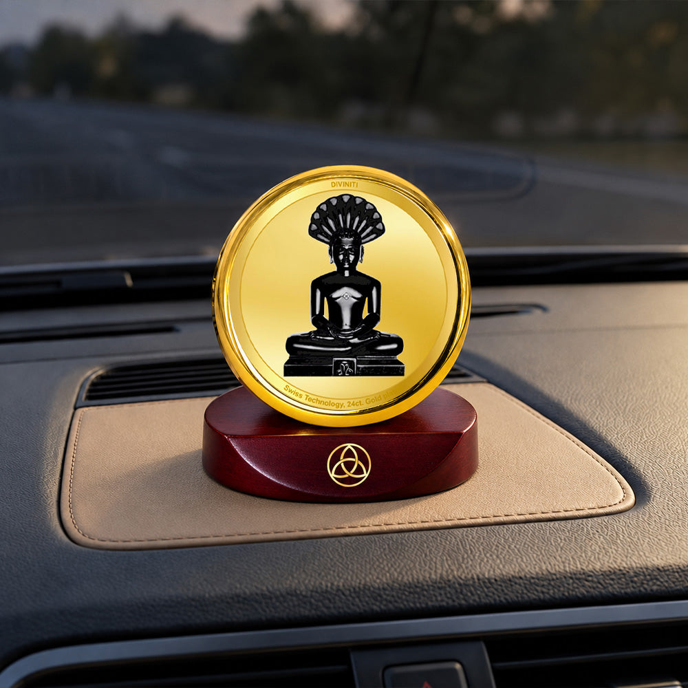 24K Gold-Plated Parshwanath Ji Car Dashboard Frame | 5x5 CM