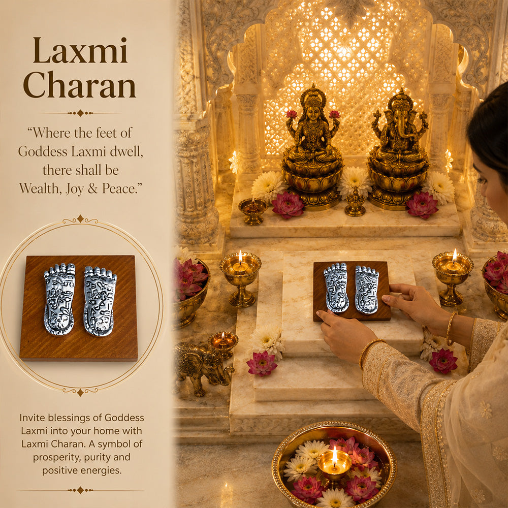Diviniti 999 Silver Plated Laxmi Charan Paduka with Gift Box | Antique Decor