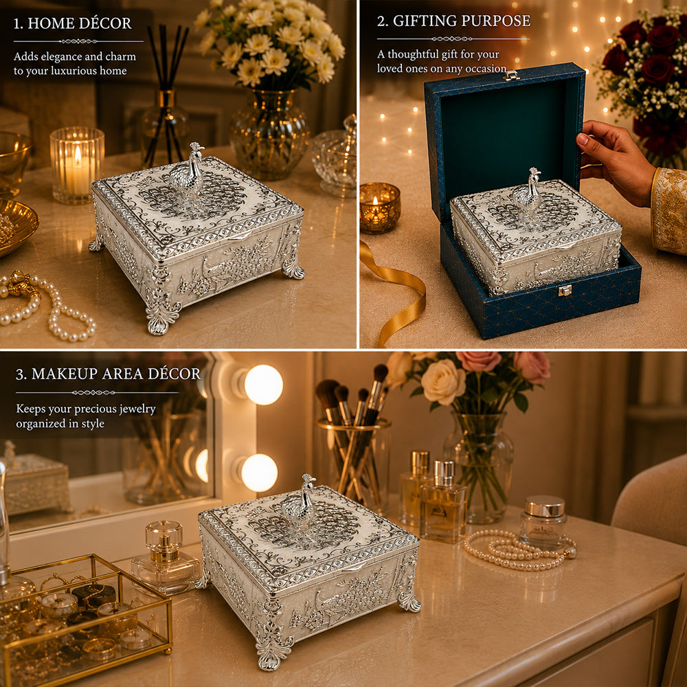 Diviniti Premium German Silver 2-Part Box | White Decorative Dry Fruit & Sweet Box for Wedding & Festive Gifting