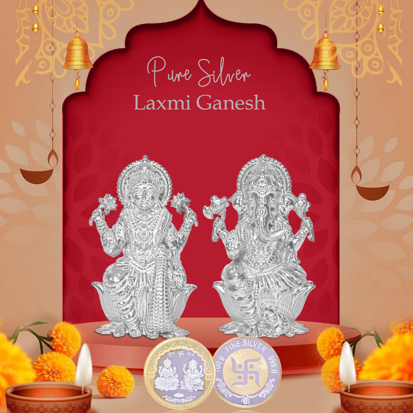 DIVINITI Pure Silver Coin with 24K Gold Plated Laxmi Ganesh and Swastik An Exquisite Emblem of Prosperity for Home & Office Décor, Puja Room Diwali Gift (100g)