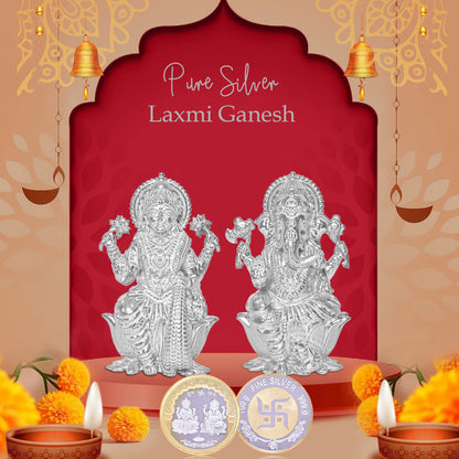 DIVINITI Pure Silver Coin with 24K Gold Plated Laxmi Ganesh and Swastik An Exquisite Emblem of Prosperity for Home & Office Décor, Puja Room Diwali Gift (100g)