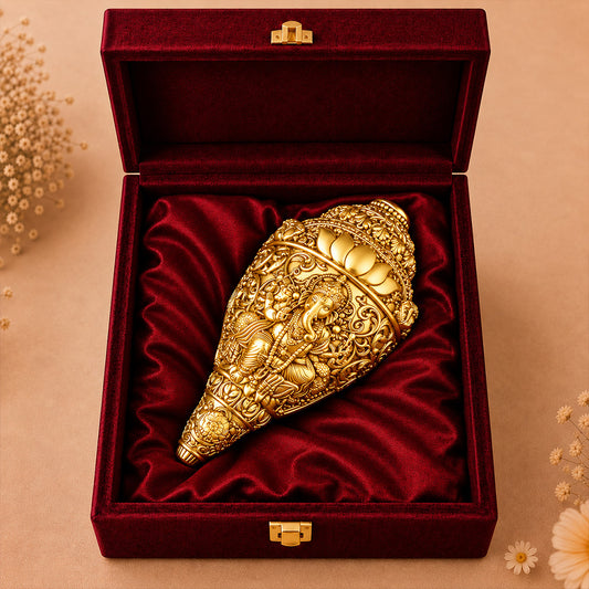 24K Gold-Plated Ganesha Shankh | Premium Gift Box | 14x8 CM