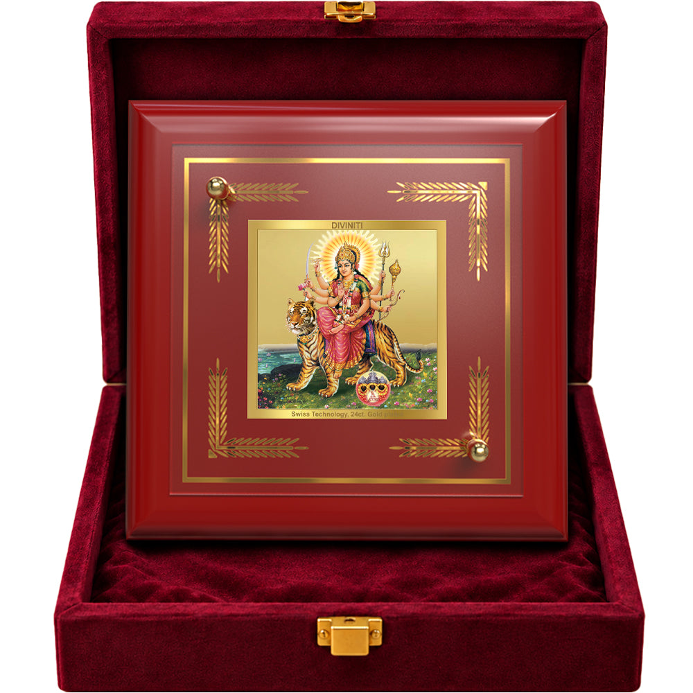 24K Gold-Plated Sherawali Mata with Pindi MDF Frame | Premium Gift Box | 10x10 CM