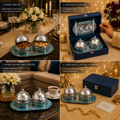 Diviniti Silver-Plated 2 Bowl Serving Set with Tray & Lids | Turquoise Enamel Decorative Dry Fruit & Mukhwas Bowls for Premium Gifting