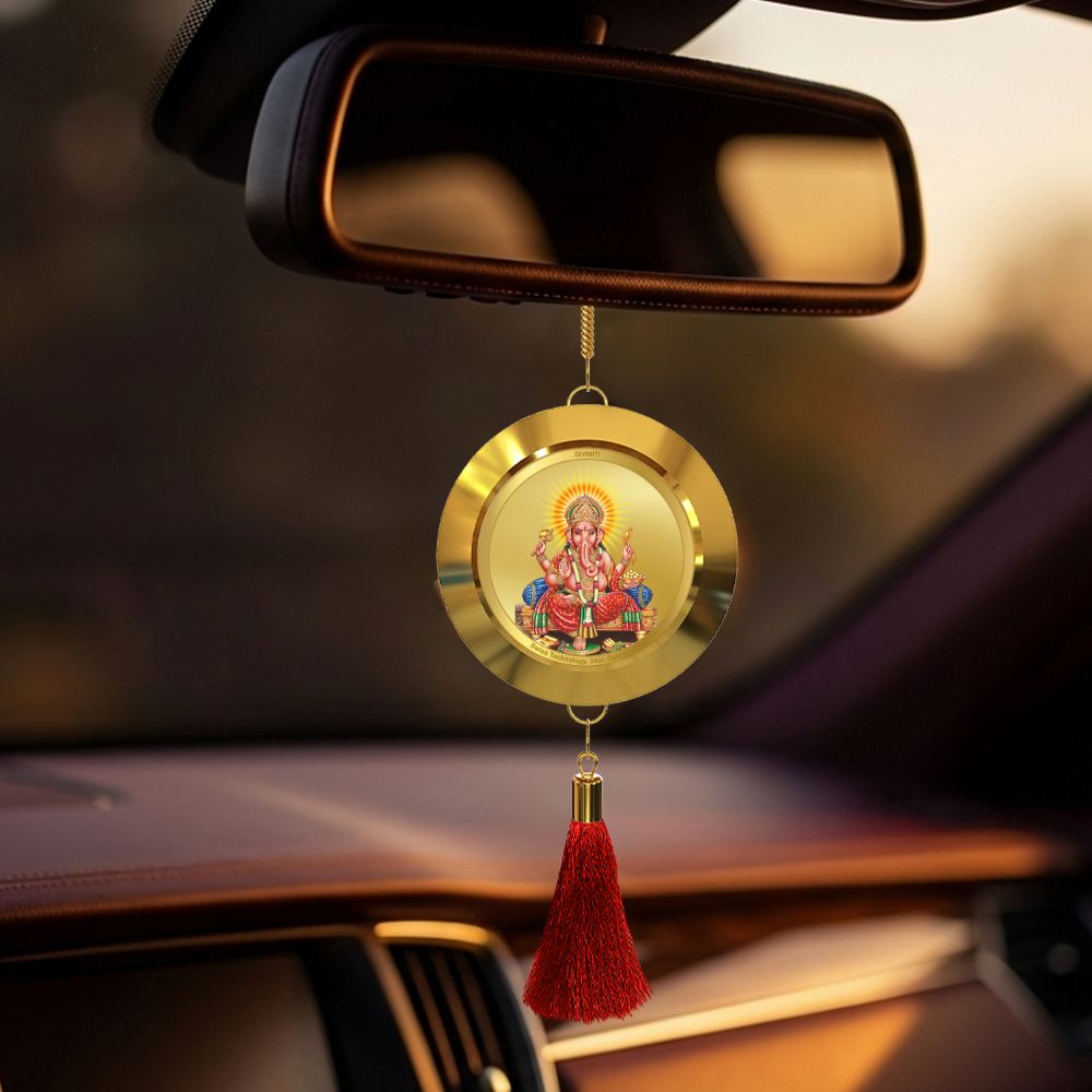 Diviniti 24K Gold Plated Double Sided Ganesha & Yantra Car Dangler|5.5 CM Ganesha Hanging Car Decor|Luxurious 24K Gold Plated Dangler For Car|Divine Car Accessories For Positive Energy & Protection