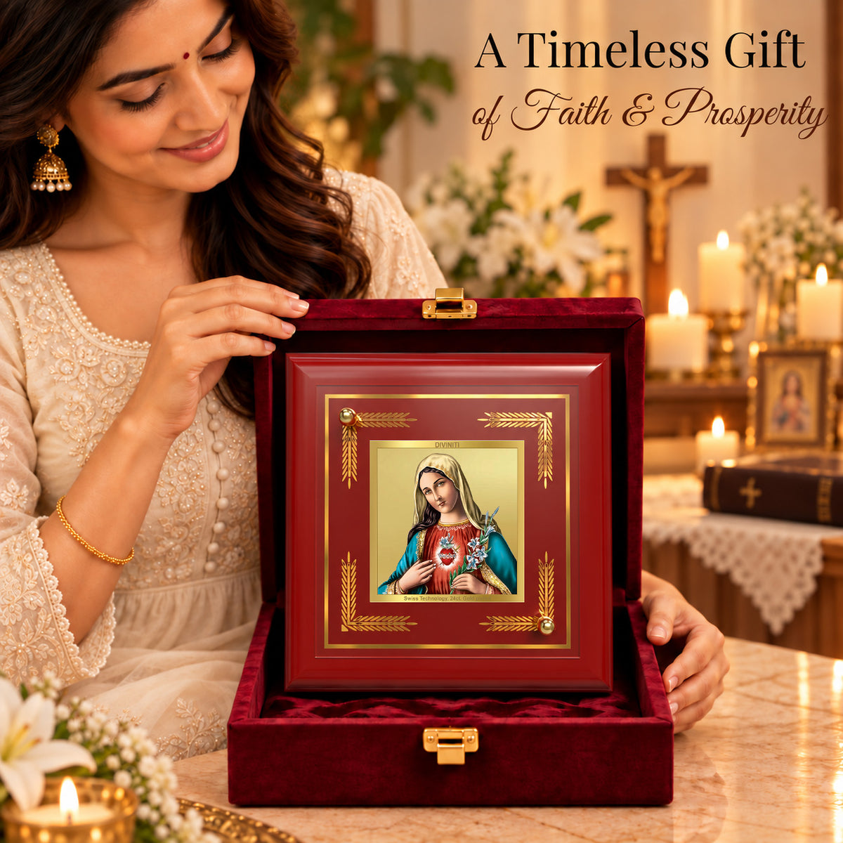 24K Gold-Plated Mother Mary MDF Frame | Premium Gift Box | 10x10 CM