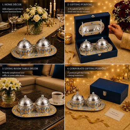 Diviniti Silver-Plated 2 Bowl Serving Set with Tray & Lids | Elegant Peach Enamel Dry Fruit & Mukhwas Bowls for Premium Gifting