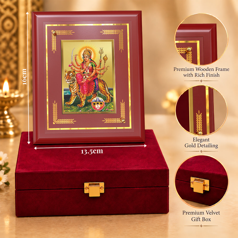 24K Gold-Plated Sherawali Mata with Pindi MDF Frame | Gift Box | 13.5x16 CM