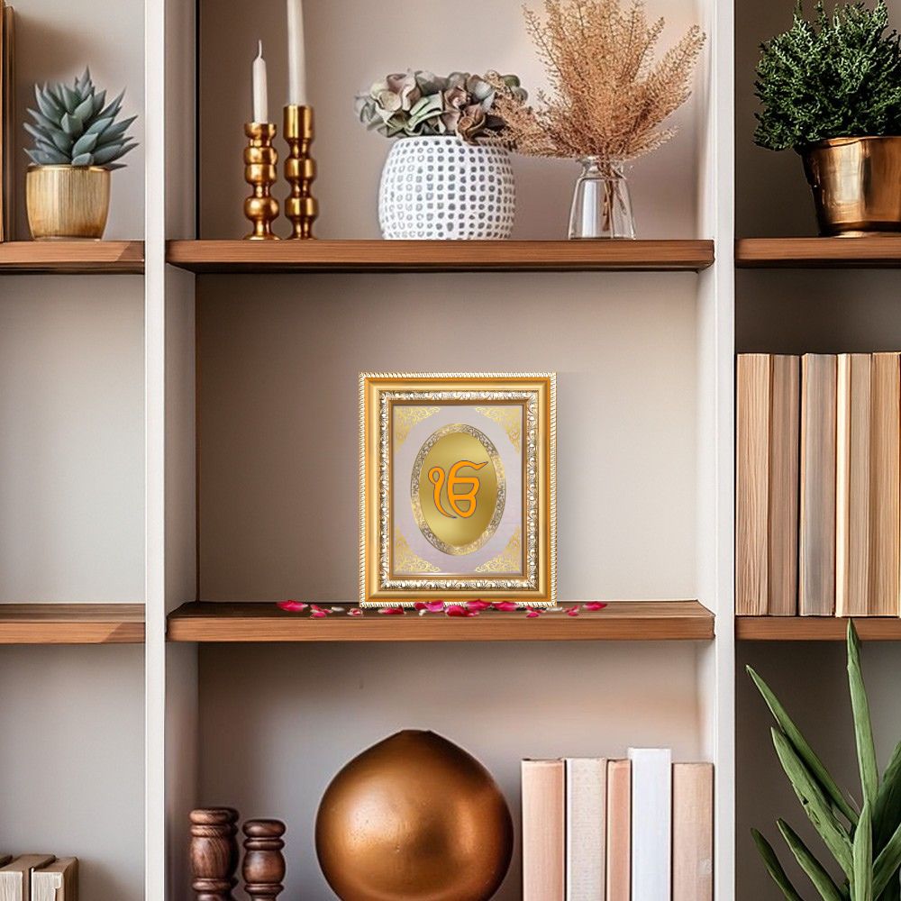 Ik Onkar Sacred Sikh Symbol Divine Faith Royal Tabletop Frame in 24K Gold Plated Foil