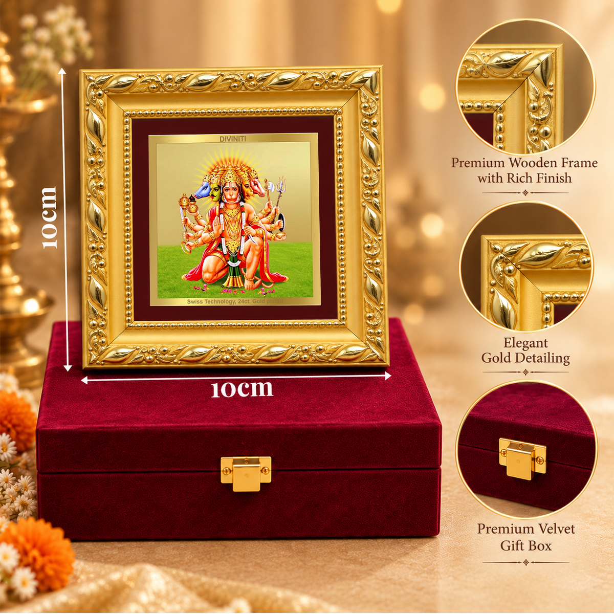 24K Gold-Plated Lord Panchmukhi Hanuman Frame | Premium Gift Box | 10x10 CM