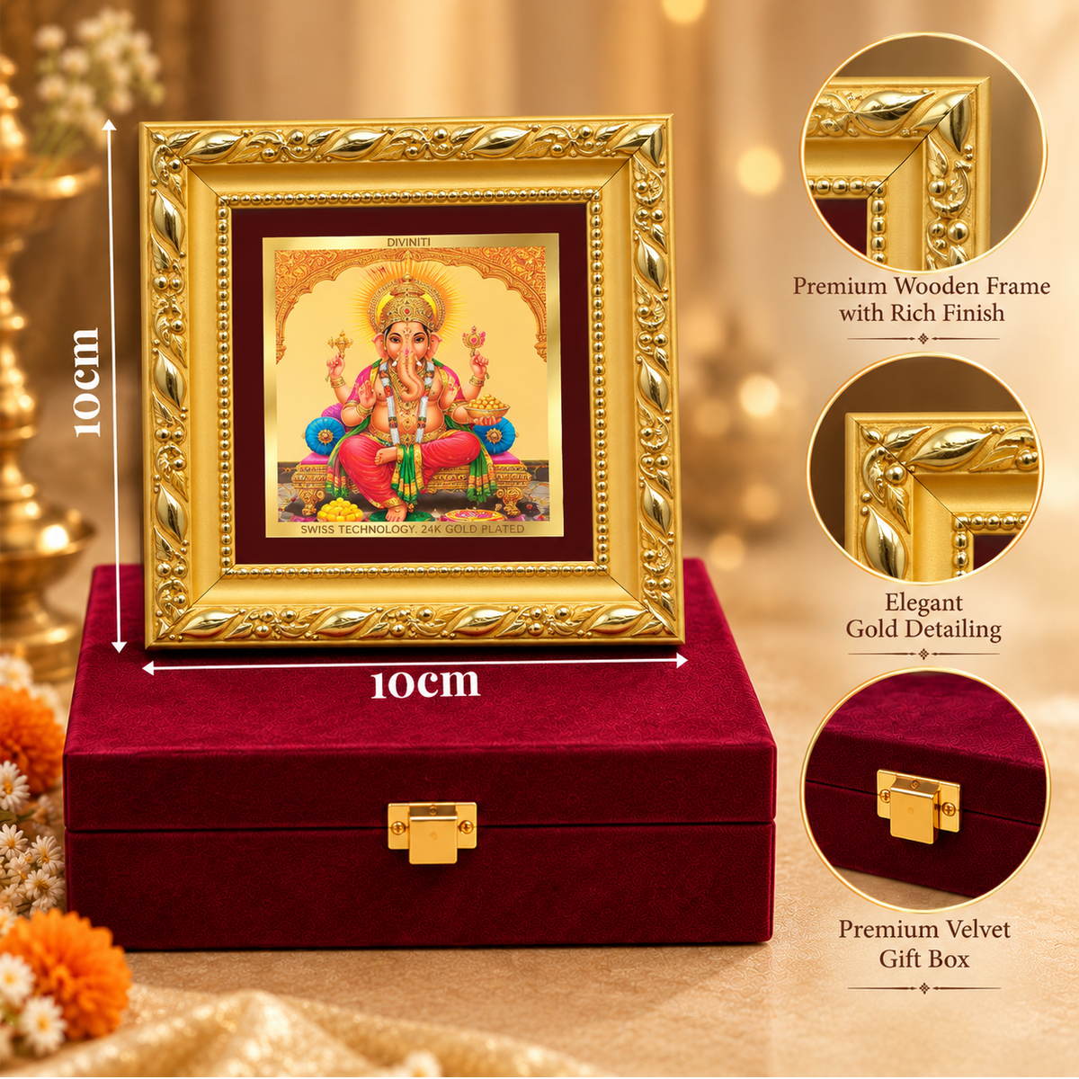 24K Gold-Plated Lord Ganesha Frame | Premium Gift Box | 10x10 CM