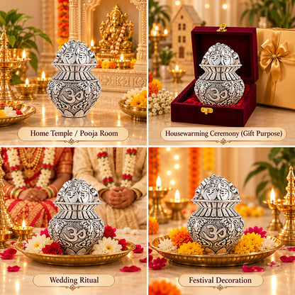 999 Silver-Plated Om Coin Kalash | Premium Gift Box | 9x5 CM