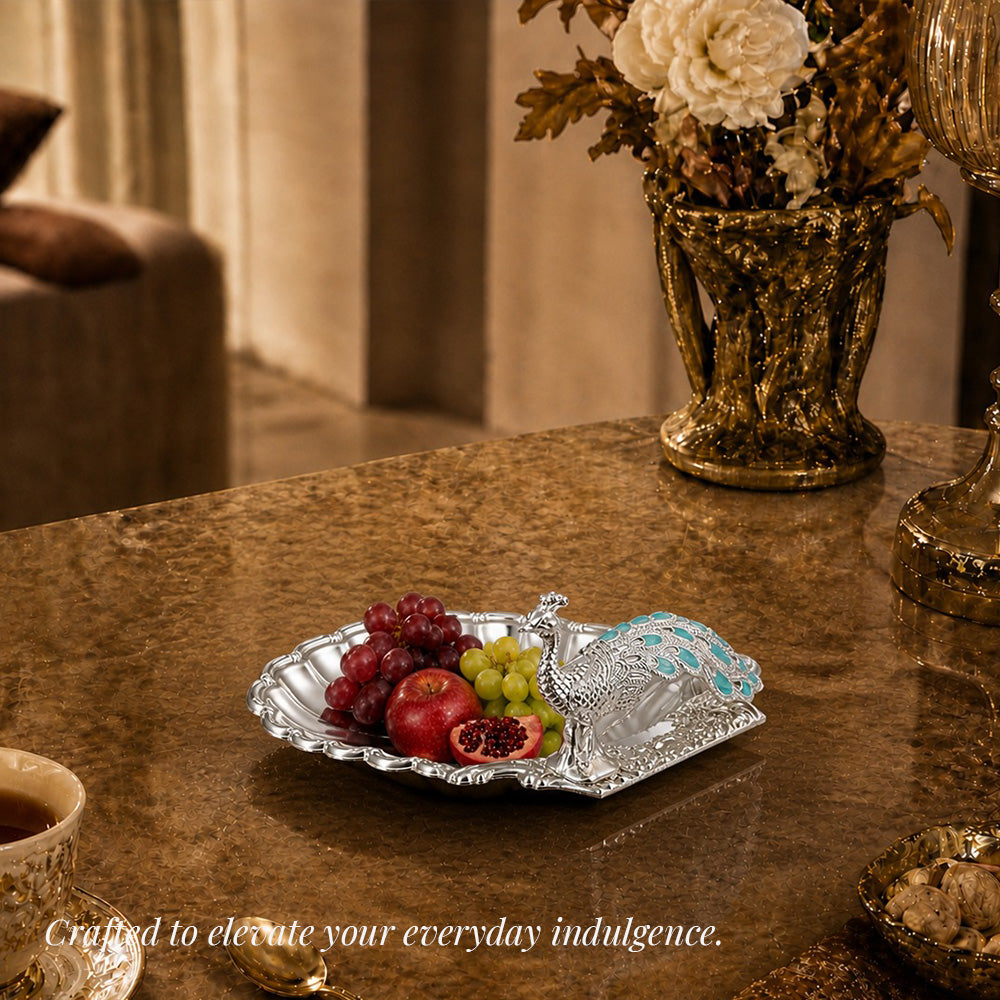 Diviniti Peacock German Silver Dry Fruit Bowl with Gift Box displayed in a luxury gift box, showcasing elegance and sophistication. 