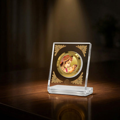 24K Gold Plated Radha Krishna Acrylic Car Dashboard Frame | 8x7 CM