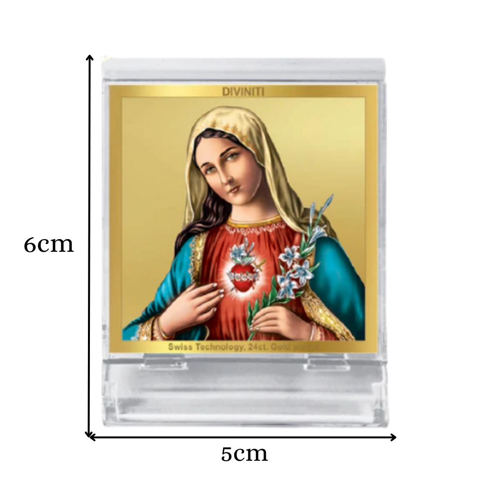 Diviniti 24K Gold Plated Mother Mary Acrylic Frame for Car Dashboard, Home Decor, Tabletop, Festival Gift
