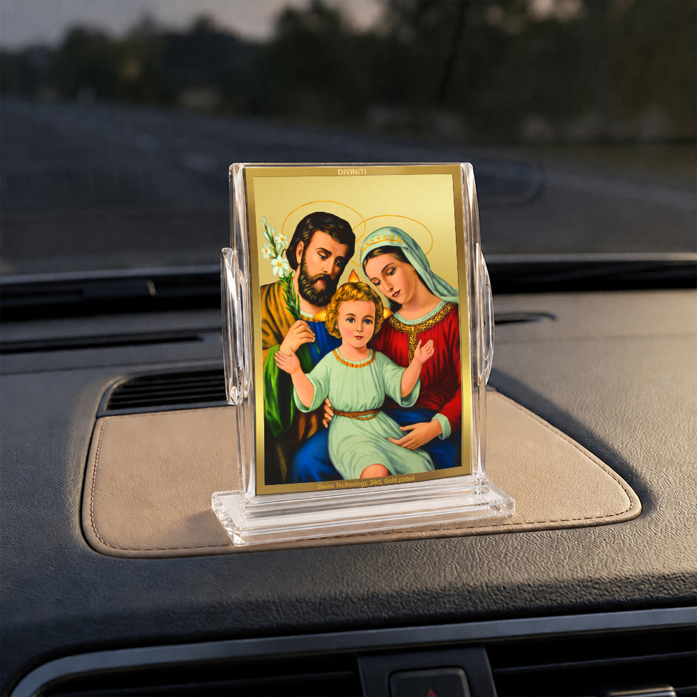 24K Gold-Plated Holy Family Acrylic Car Dashboard Frame | 11x7 CM