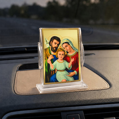 24K Gold-Plated Holy Family Acrylic Car Dashboard Frame | 11x7 CM