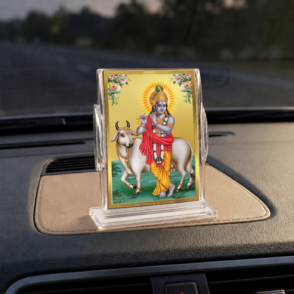 24K Gold-Plated Krishna with Surbhi Cow Acrylic Car Dashboard Frame | 11x7 CM