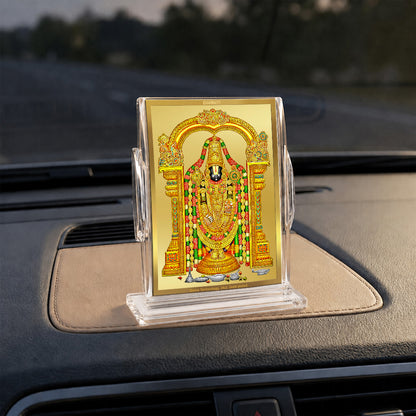 24K Gold-Plated Lord Tirupati Balaji Acrylic Car Dashboard Frame | 11x7 CM
