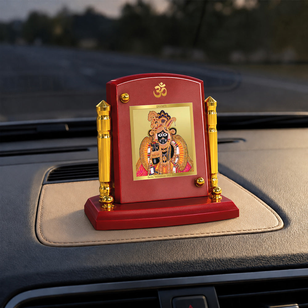 24K Gold-Plated Banke Bihari Ji MDF Car Dashboard Frame | 7.5x9 CM
