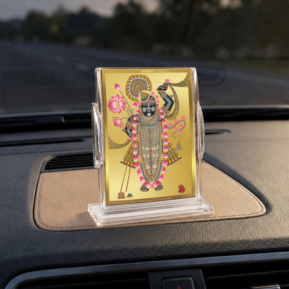 24K Gold-Plated Lord Shrinath Ji Acrylic Car Dashboard Frame | 11x7 CM