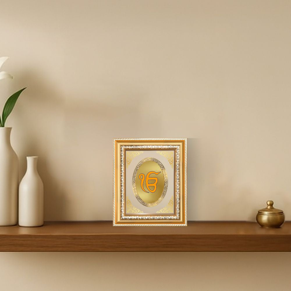 Ik Onkar Sacred Sikh Symbol Divine Faith Royal Tabletop Frame in 24K Gold Plated Foil
