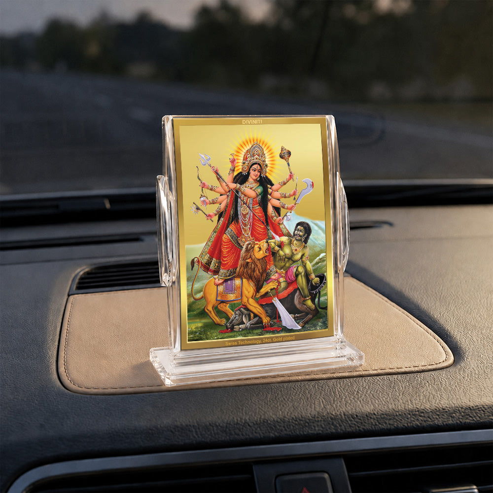 24K Gold-Plated Durga Mahishasura Mardini Acrylic Car Dashboard Frame | 11x7 CM