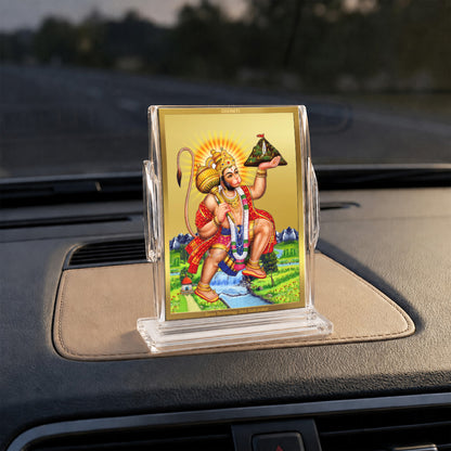 24K Gold-Plated Hanuman Carrying Sanjeevani Mountain Acrylic Car Dashboard Frame | 11x7 CM