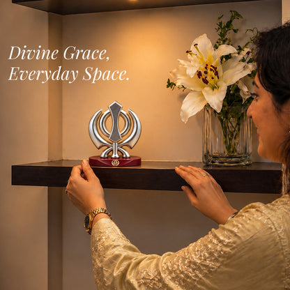 Silver-Plated Khanda Sahib Resin Idol for Car Dashboard & Home | Premium Gift Box | 7.5x5.5 CM