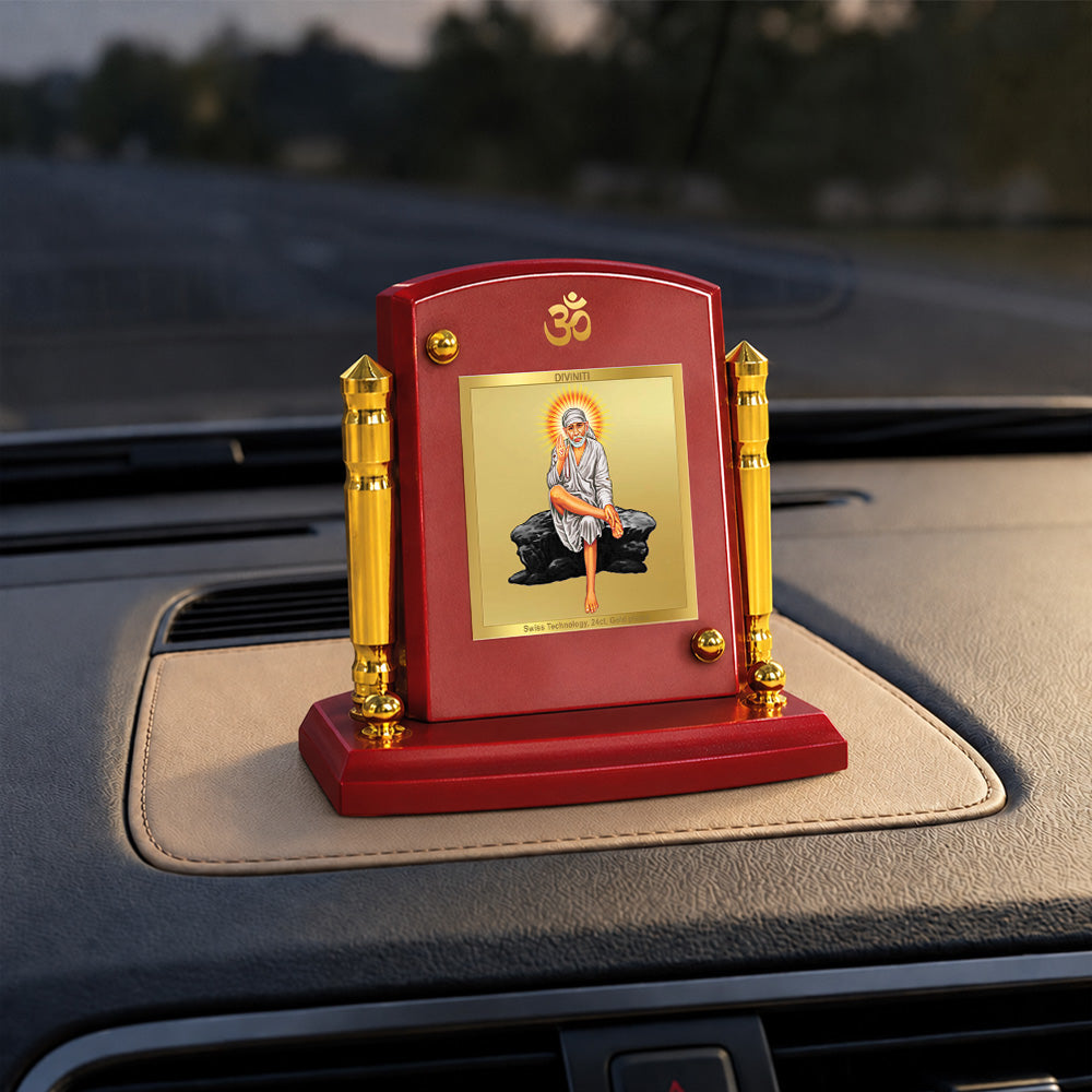 24K Gold-Plated Sai Baba MDF Car Dashboard Frame | 7.5x9 CM