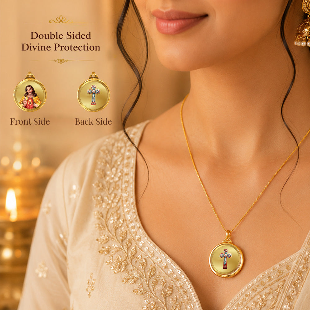 Diviniti 24K Double sided Gold Plated Pendant Jesus Christ & Holy Cross|18 MM Flip Coin