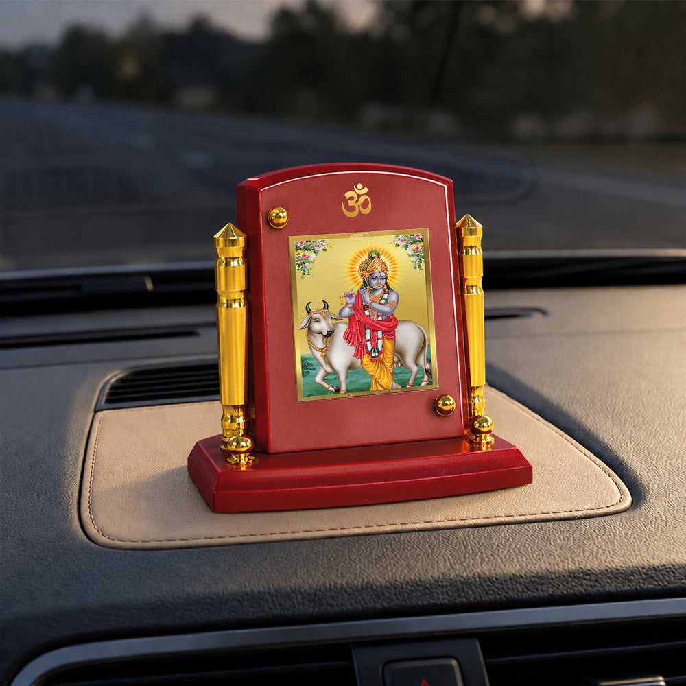24K Gold-Plated Krishna with Surbhi Cow MDF Car Dashboard Frame | 7.5x9 CM