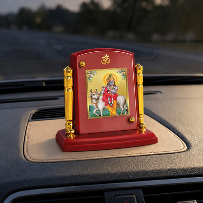 24K Gold-Plated Krishna with Surbhi Cow MDF Car Dashboard Frame | 7.5x9 CM