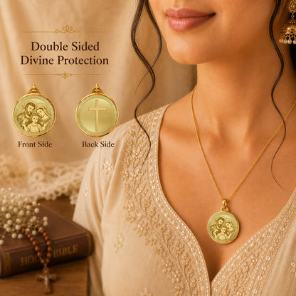 Diviniti 24K Double Sided Gold Plated Pendant Holy Family & Holy Cross | 18 MM Flip Coin (1 PCS)
